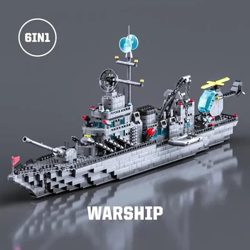 65.5CM 6 IN 1 Military Navy Ship Sets Building Blocks War Army Boat Plane Model Toys for Boys Bricks Toys Christmas Gifts