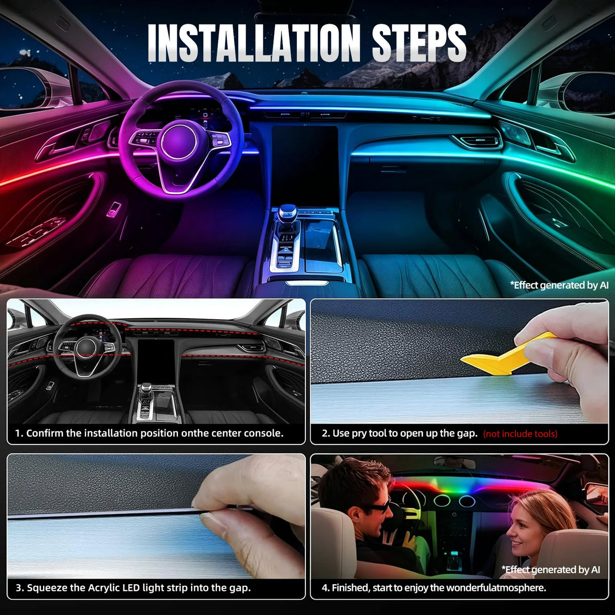 Dreamcolor Acrylic Interior Car LED Strip Light with Wireless APP, RGB 6/10/18 in 1 with 175 inches Fiber Optic Strip Lights for Car, Dynamic Chasing Music Sync Neon Car Ambient Lighting Kits