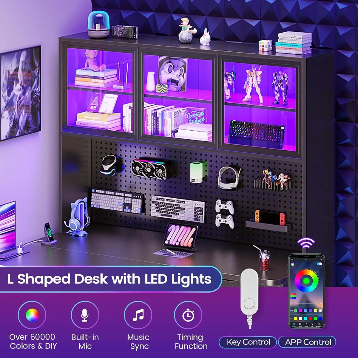 L Shaped Corner Gaming Desk with 3 Wood Drawer and Large Bookshelf, Customized