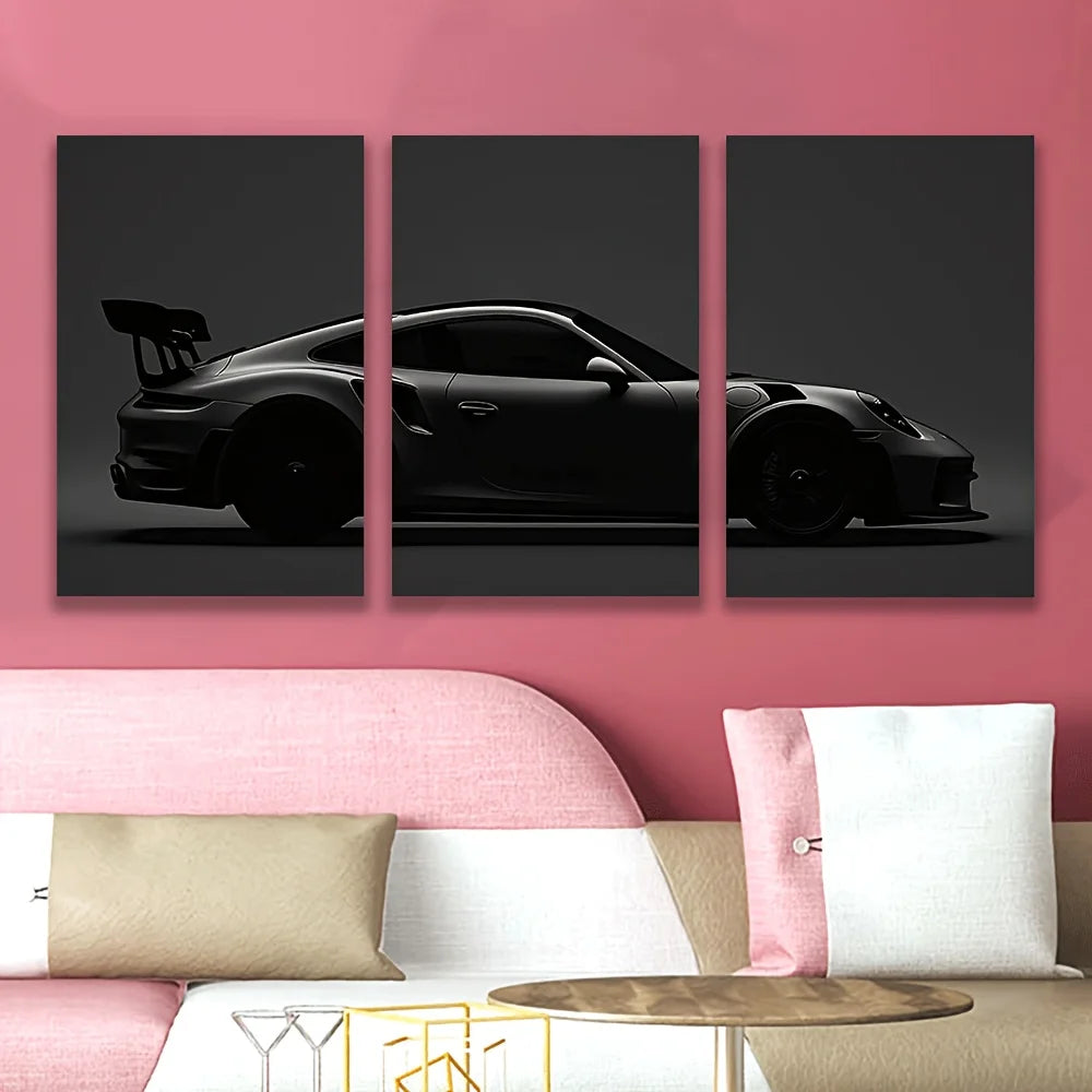 Frameless[3pcs Black Sports Car Art] 3pcs High-Quality Frameless Canvas Wall Art - Black Sports Car in Dark Monochromatic Tripty