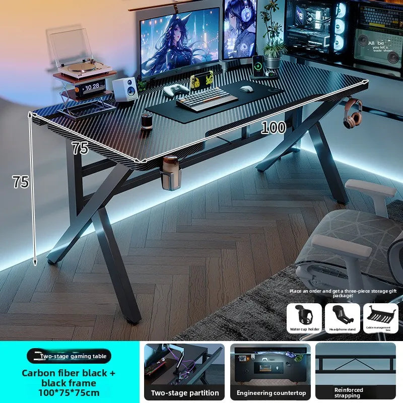 Two-Section Split Solid Wood Computer Gaming Desk  | Ergonomic Home Office Workstation Furniture in Carbon Fiber Style