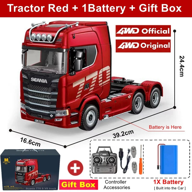 Remote Control Car RC Tractor Alloy Heavy Truck Engineering Semi Trailer Model with Light Sound Radio Toy HUINA 1501 770S Gift