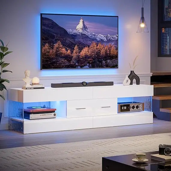 Modern High Gloss TV Stand for 55-65 Inch TVs with Stone-Patterned Sides and LED Entertainment Center