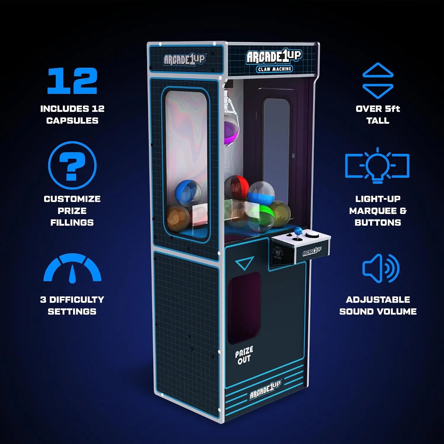 Claw Machine with 3 Difficulty Levels - Arcade Game Room Cabinet with Ceiling Light & Adjustable Sound Volume, Custom