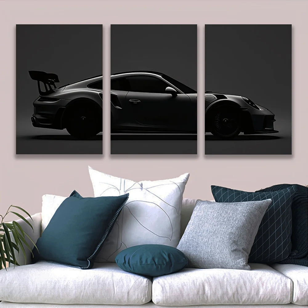 Frameless[3pcs Black Sports Car Art] 3pcs High-Quality Frameless Canvas Wall Art - Black Sports Car in Dark Monochromatic Tripty