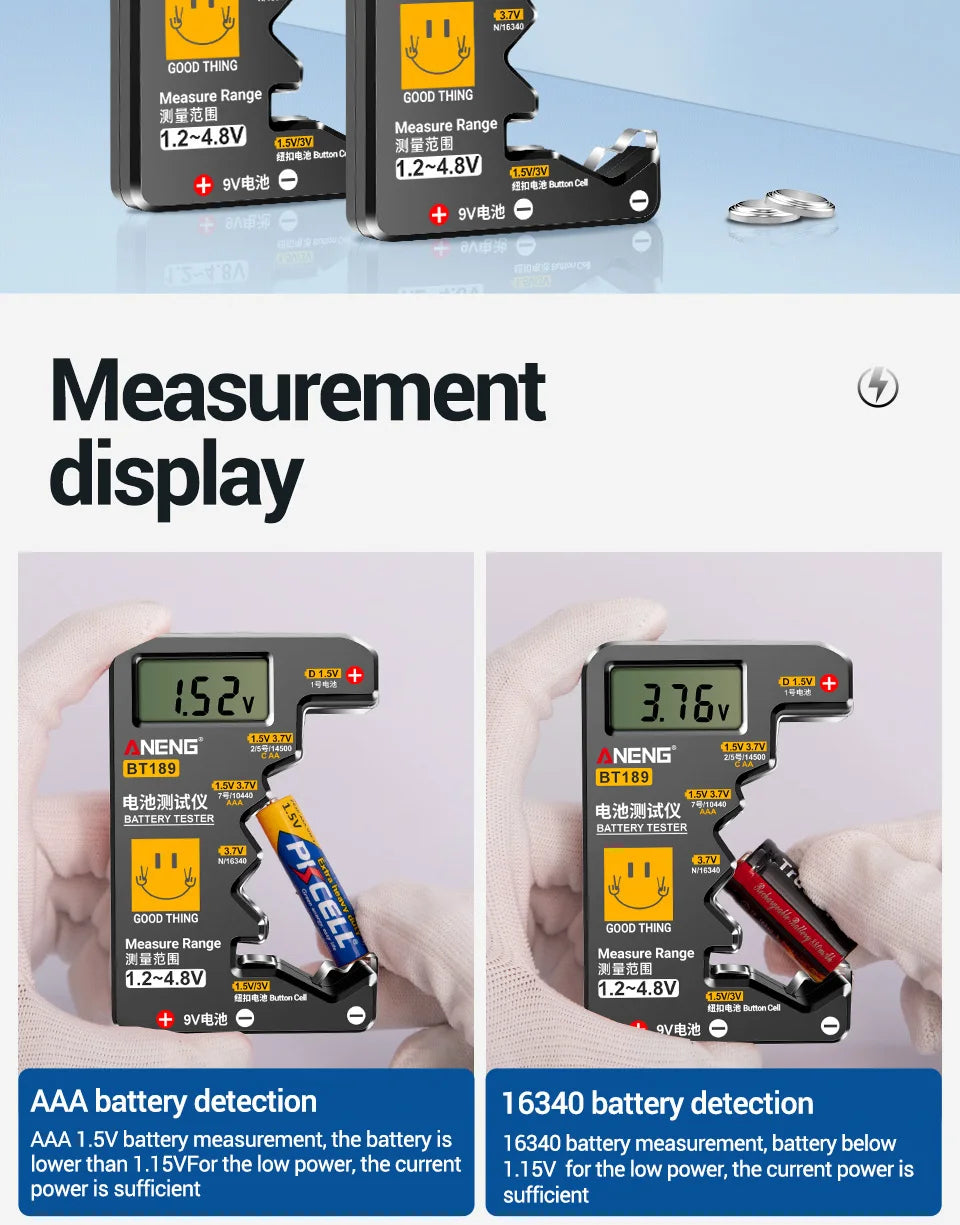 Quickly check your batteries with this universal button cell battery tester—compatible with 9V, N, D, C, AA, and AAA sizes, featuring an easy-to-read LCD display!