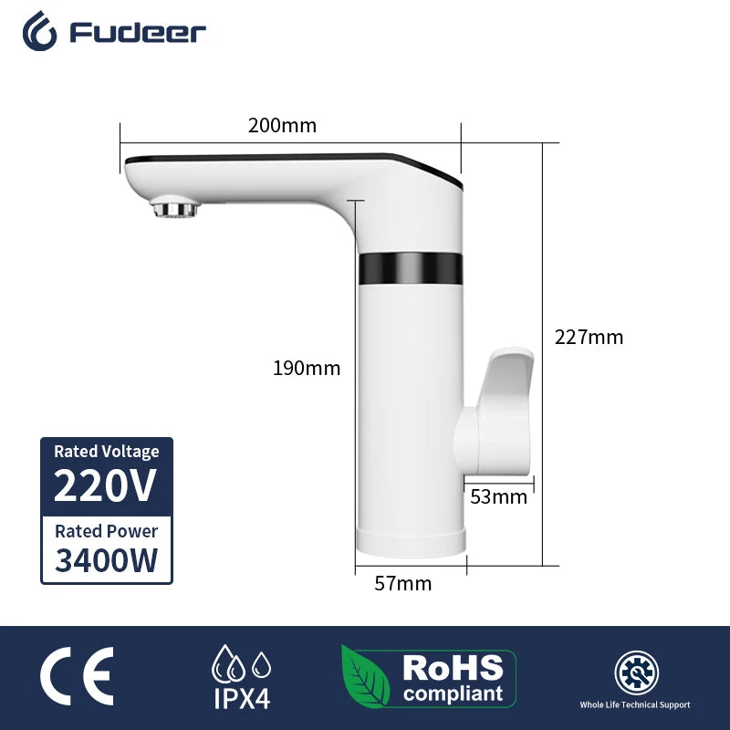 Fudeer 3000W 220V Electric Kitchen Water Heater Tap Instant Hot stainless steel Water Faucet Heater Cold Heating Faucet