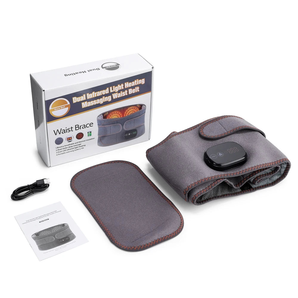Electric Lumbar Massager Vibration Thermal Waist Massage Belt 3 Levels Hot Compress Infrared Light Dual Motor Muscle Relax