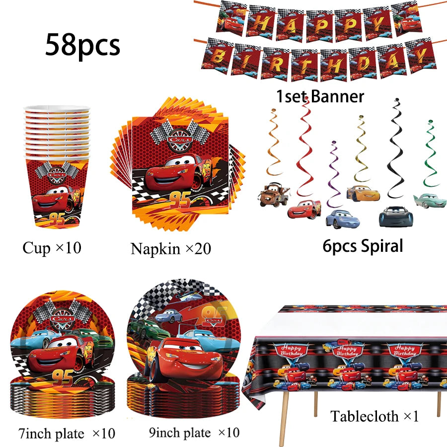 Cars Theme Birthday Party Decoration Tableware Banner Tablecloth Gift Bag Paper Plates Party Favors Toy Set Stamps Bracelets