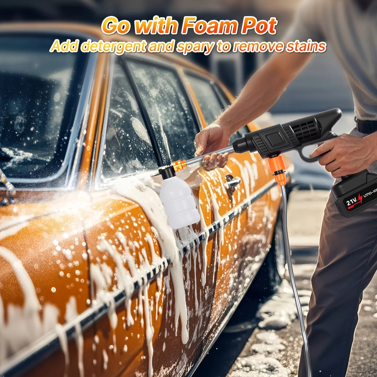 High-pressure Line Cleaning Machine, Rechargeable Battery, Battery-powered, Suitable For Cars, Yards, Driveways, Gardens, Green. Stainless Steel Foam Nozzle, Portable Electric Car Washing Tool.