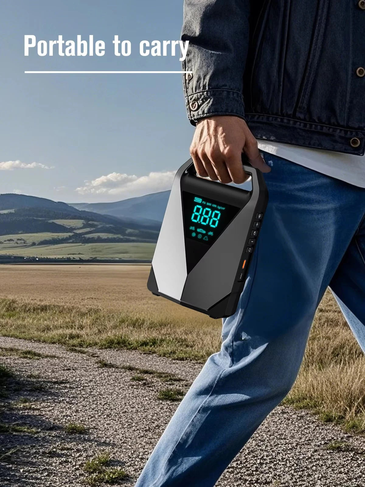 Be prepared on the road with this portable car jump starter and 150PSI air compressor—jump your battery and inflate tires anytime, anywhere!