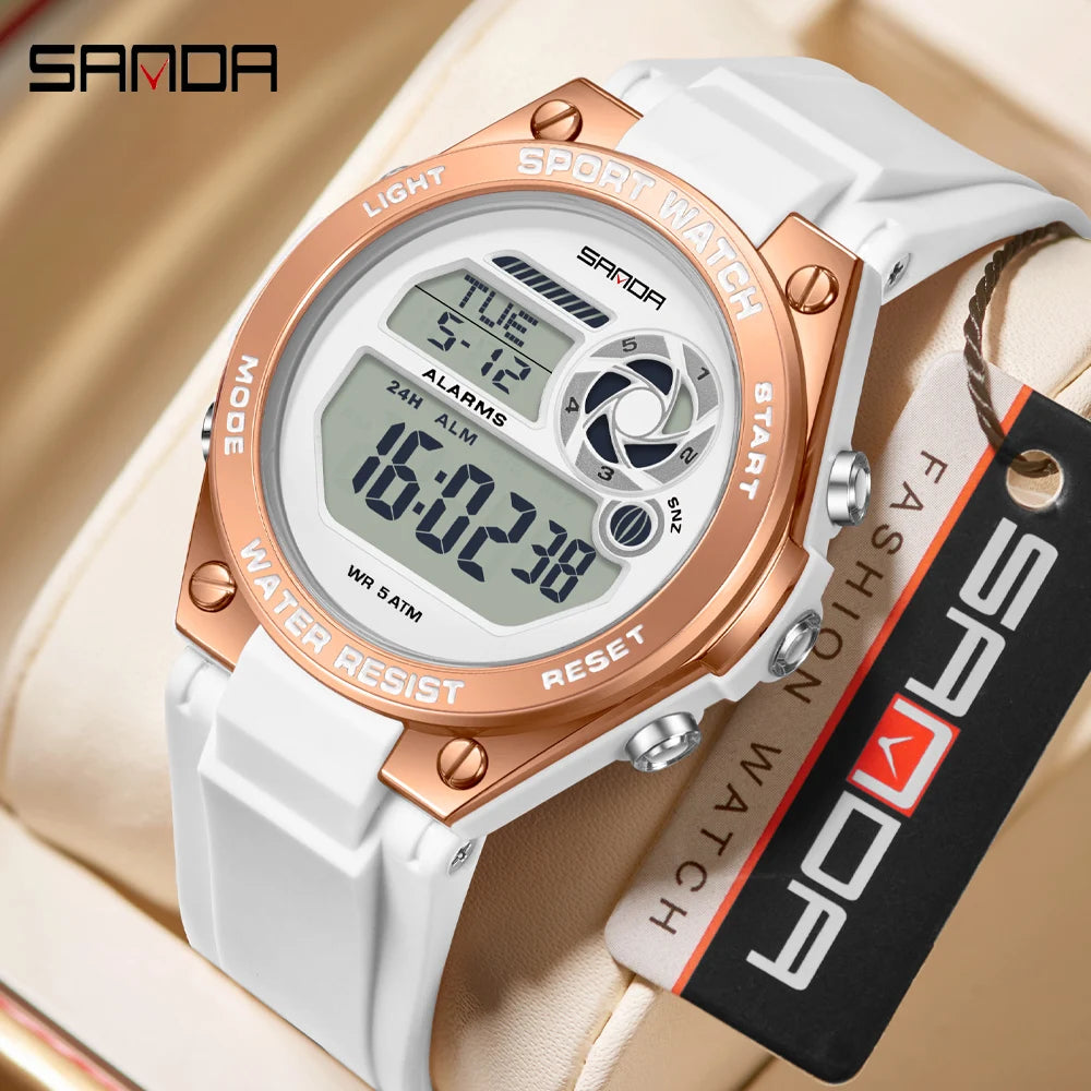 SANDA Durable Ladies Sports Luxury Brand Wristwatch Women TPU Strap Luminous Waterproof Week Date Digital Casual Watch