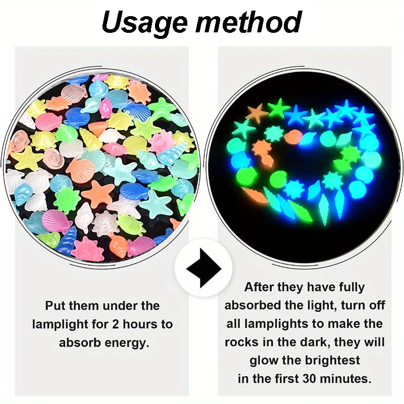 100PCS Marine Luminous Stones, Colorful Luminous Stones Simulating Shell Starfish Aquarium Landscape Ornaments, Suitable for Gar