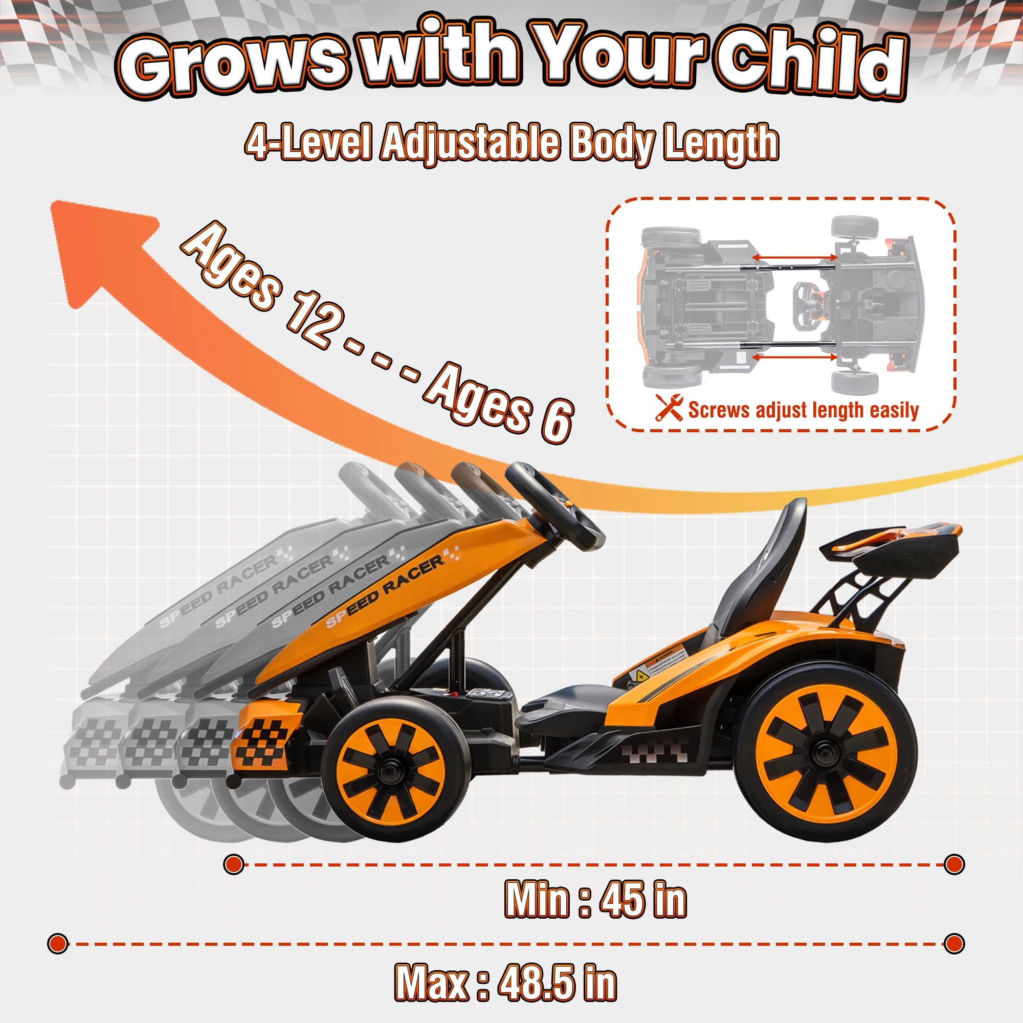 Joyracer 24V Go Kart for Kids 6-12, 2x400W Motors Electric Drift Car with Adjustable Length, 360°Drift Mode, 6.5 MPH High Speed Racing Car, Bluetooth Music