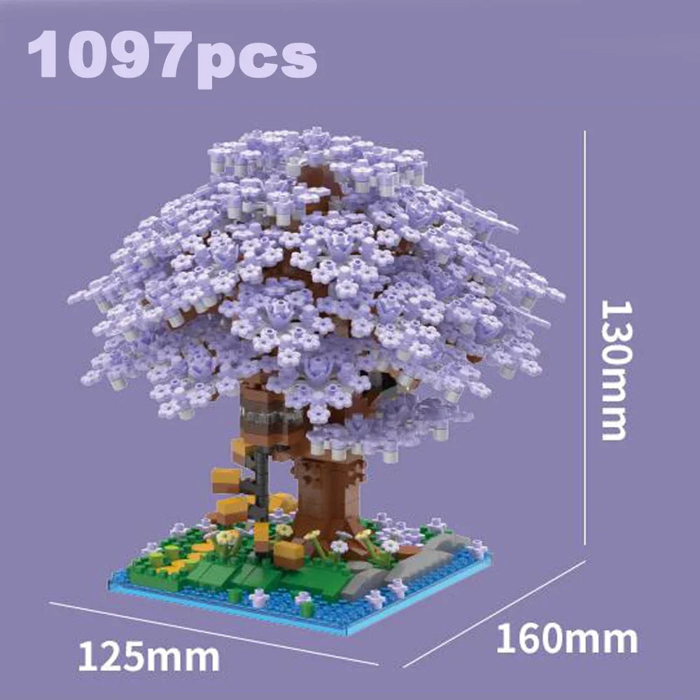 DIY Purple Romantic Cherry Blossom Flower Pink Tree House Assembly Building Blocks Classic Model Miniature Bricks Sets Kid Gifts