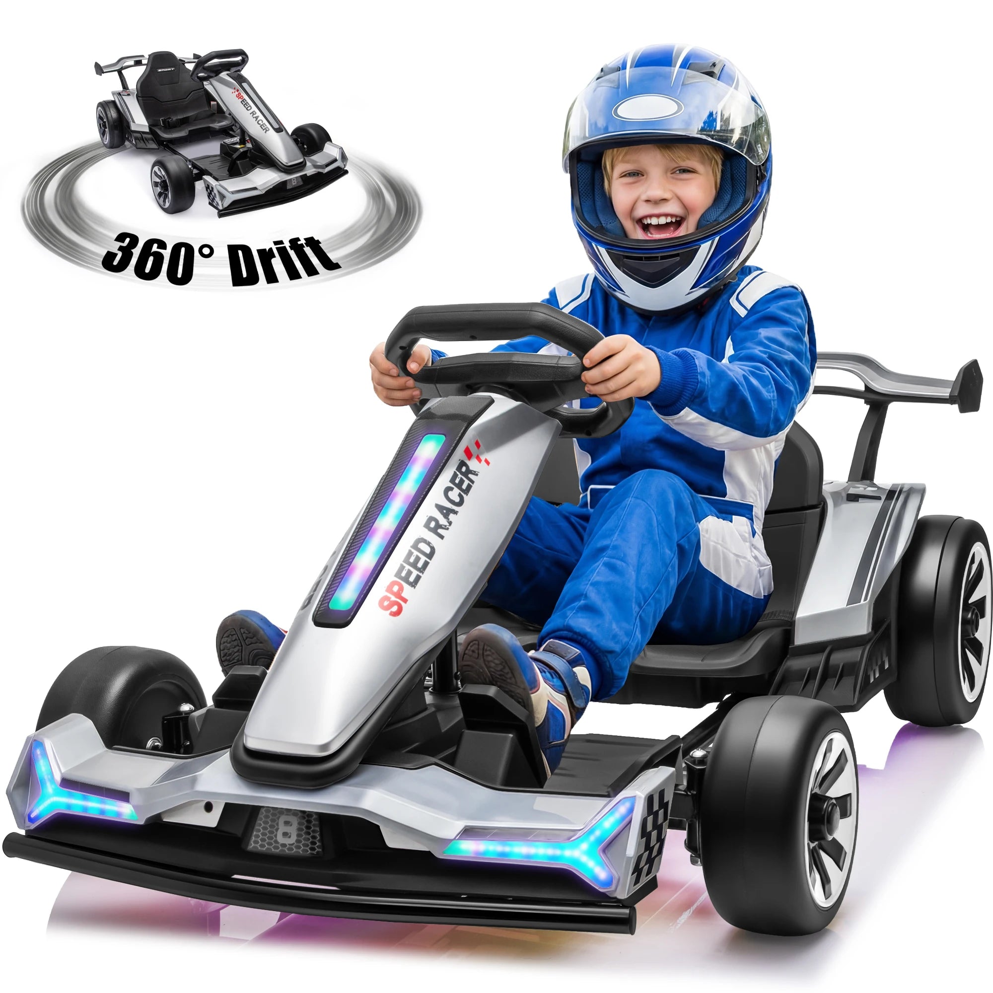 Joyracer 24V Go Kart for Kids 6-12, 2x400W Motors Electric Drift Car with Adjustable Length, 360°Drift Mode, 6.5 MPH High Speed Racing Car, Bluetooth Music