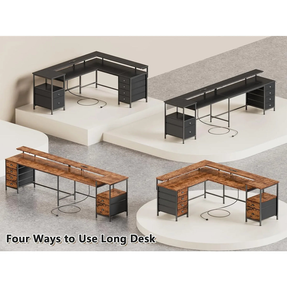 66" L‑Shaped Gaming Desk,6 Drawers & LED Lights & Power Outlets,Home Office Corner Workstation, Custom