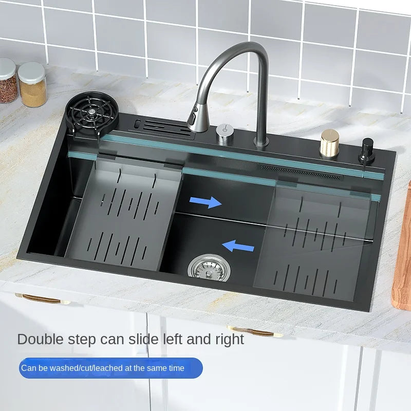 Waterfall Kitchen Sink Nanometer 304 Stainless Steel Large Single Slot Kitchen Accessories Waterfall Faucet Vegetable Basin