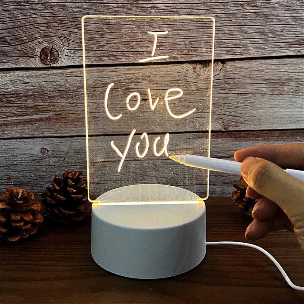 Brighten your space with this transparent LED night light—USB-powered luminous acrylic design doubles as an erasable message board and calendar, perfect for your desk or décor!