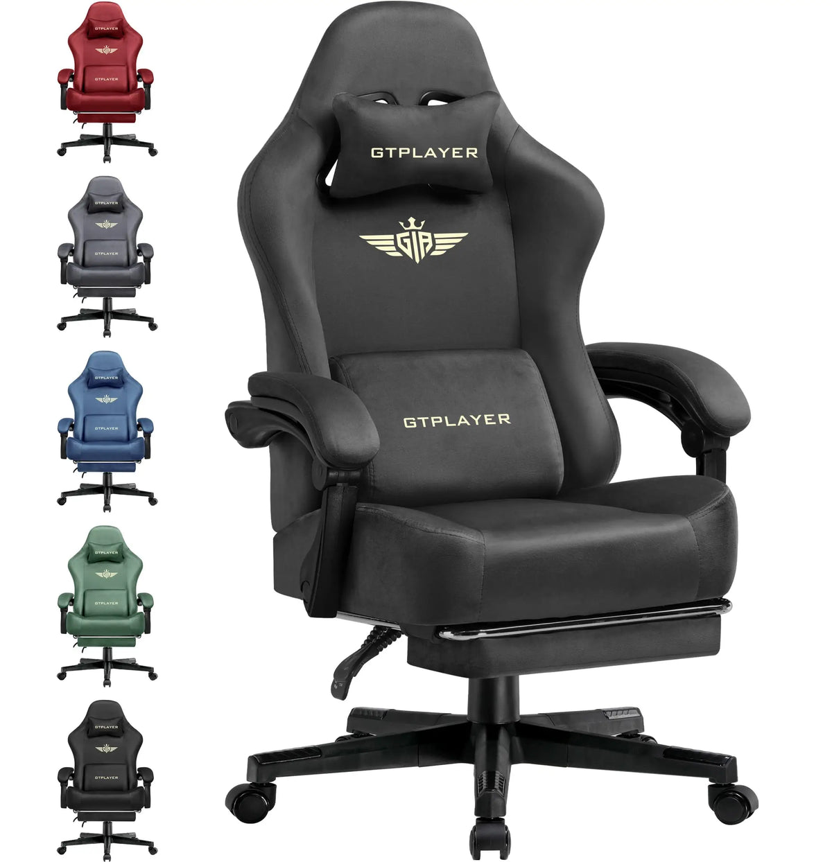 GTPLAYER Gaming Chair Fabric with Pocket Spring Cushion, Big and Tall Gamings Chairs 350LBS High Back Computer Chair with Footrest for Adults Lumbar Support Swivel Game Chair for Office Light Black