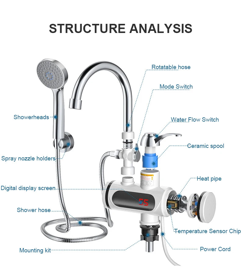 DMWD Electric Instant Hot Water Faucet Water heater Fast heating with LED Temperature Display Tankless Tap For Kitchen shower EU