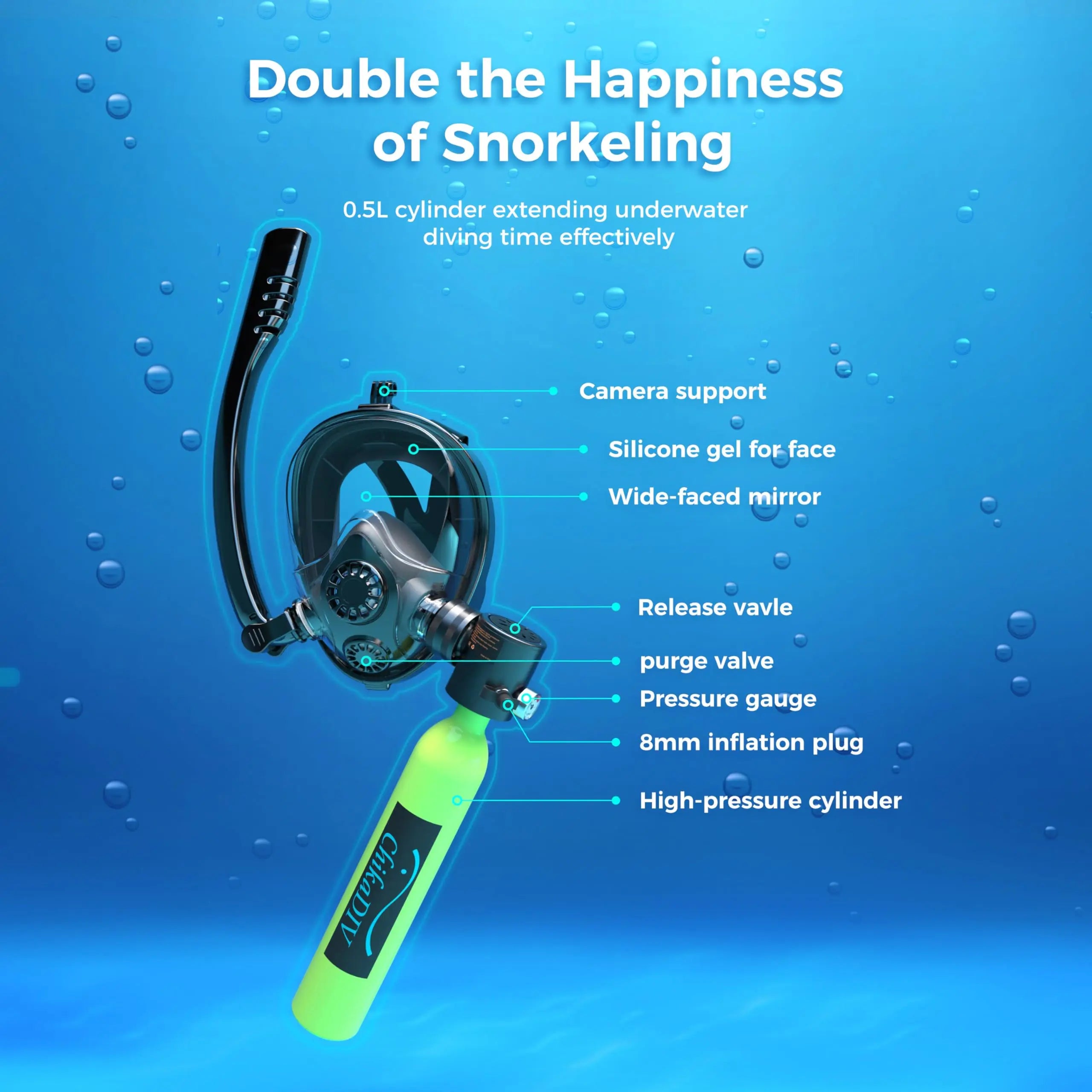 ChikaDIV 0.5L Mini Scuba Tank with Sub-Mask Diving Tank with Full-face Mask Underwater Breath System Lung Tank DOT Certified Pony Bottle for Snorkeling