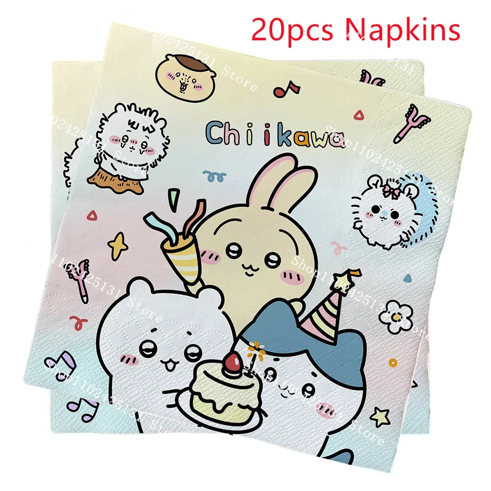 Chiikawa kawaii Happy Birthday Party Decorations Cute plate Banner Cake Topper Flag Balloons Disposable tableware Decorations
