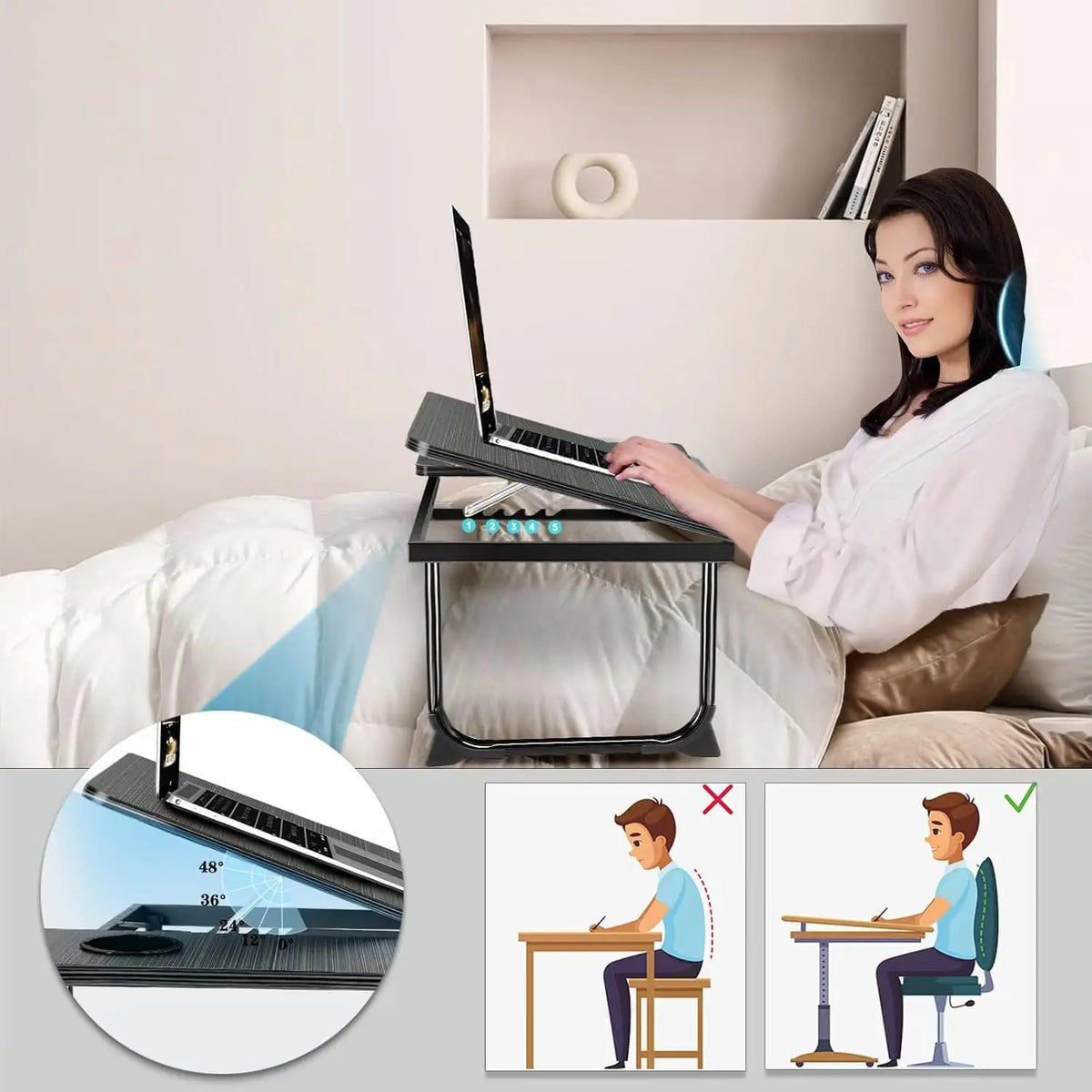 Laptop Desk for Bed Couch,Lap Desk for Laptop,Portable Laptop Stand for Desk,Small Adjustable Laptop Desk,Foldable Bed Table for Laptops and Writing, Bed Tray Table with Cup Holder
