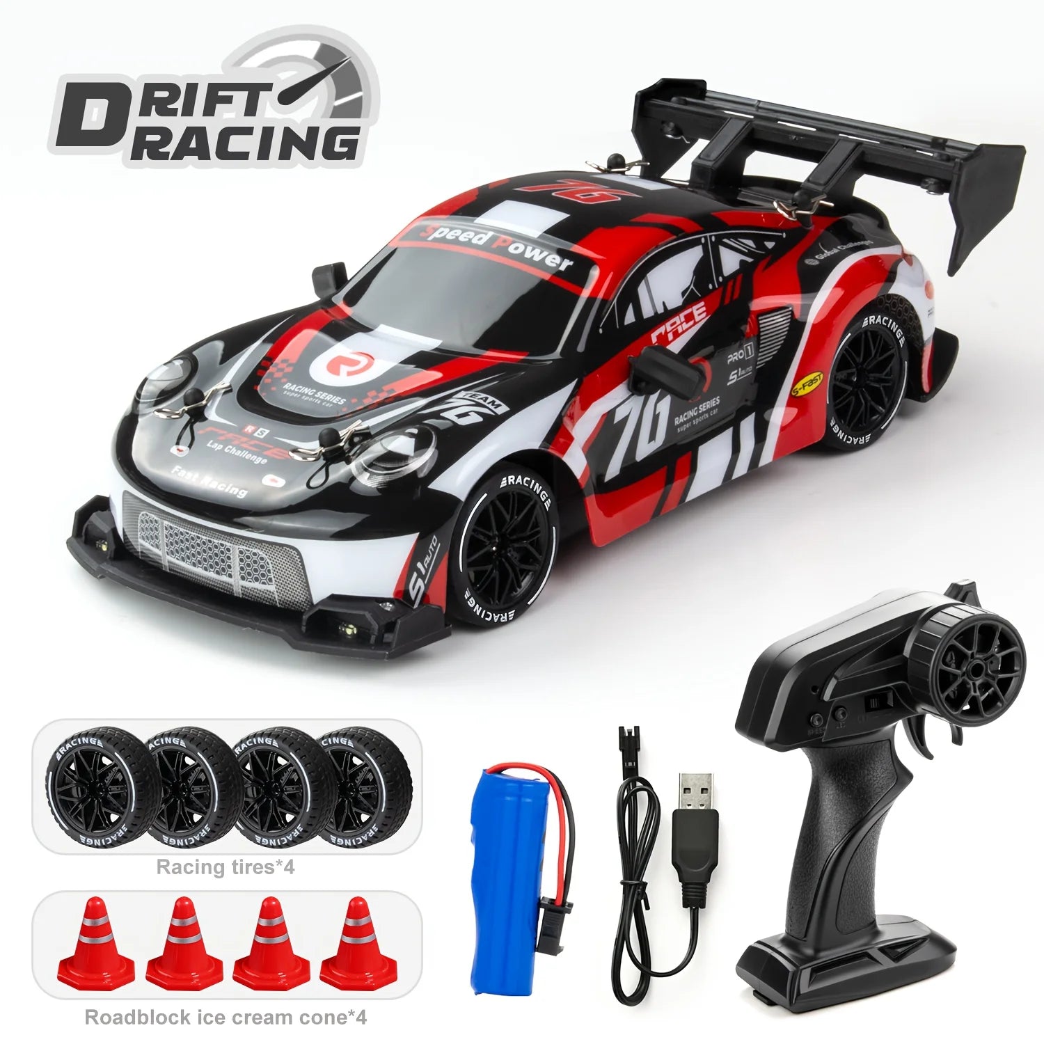 1:24 RC Drift Car, 2.4GHz High Speed 4WD Remote Control Racing Vehicle, LED Lights Electric Toy for Kids Boys Adults