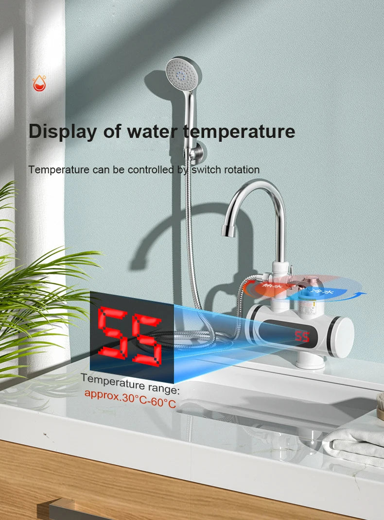 DMWD Electric Instant Hot Water Faucet Water heater Fast heating with LED Temperature Display Tankless Tap For Kitchen shower EU