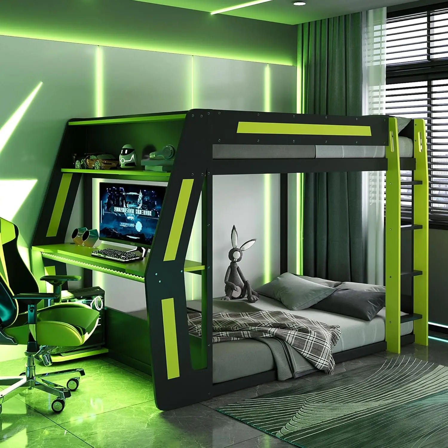 Gaming Bunk Bed with Side-Mounted Oversized RGB Desk, USB Charging Ports & Cable Grommet, LED Light Strip,, Customized