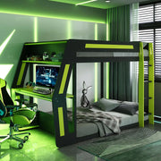 Gaming Bunk Bed with Side-Mounted Oversized RGB Desk, USB Charging Ports & Cable Grommet, LED Light Strip,, Customized