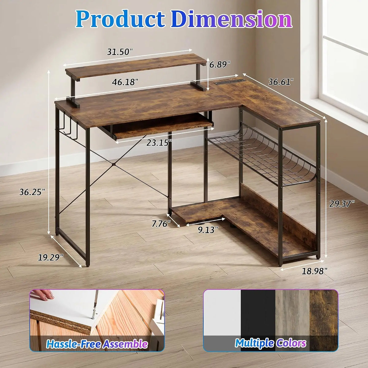 L Shaped Gaming Desk with Power Outlets & RGB LED Lights, 46" Corner Computer Table with Monitor Stand, Keyboard, Customized