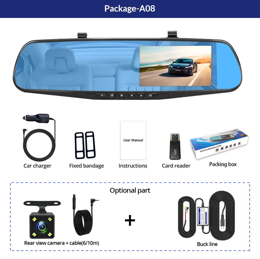 Dashcam 4.3 Inch Mirror FHD 1080P Camera Dual Lens DVR  Rearview Mirror Dash Camera Car Video Recorder Auto Black Box Car Dvr