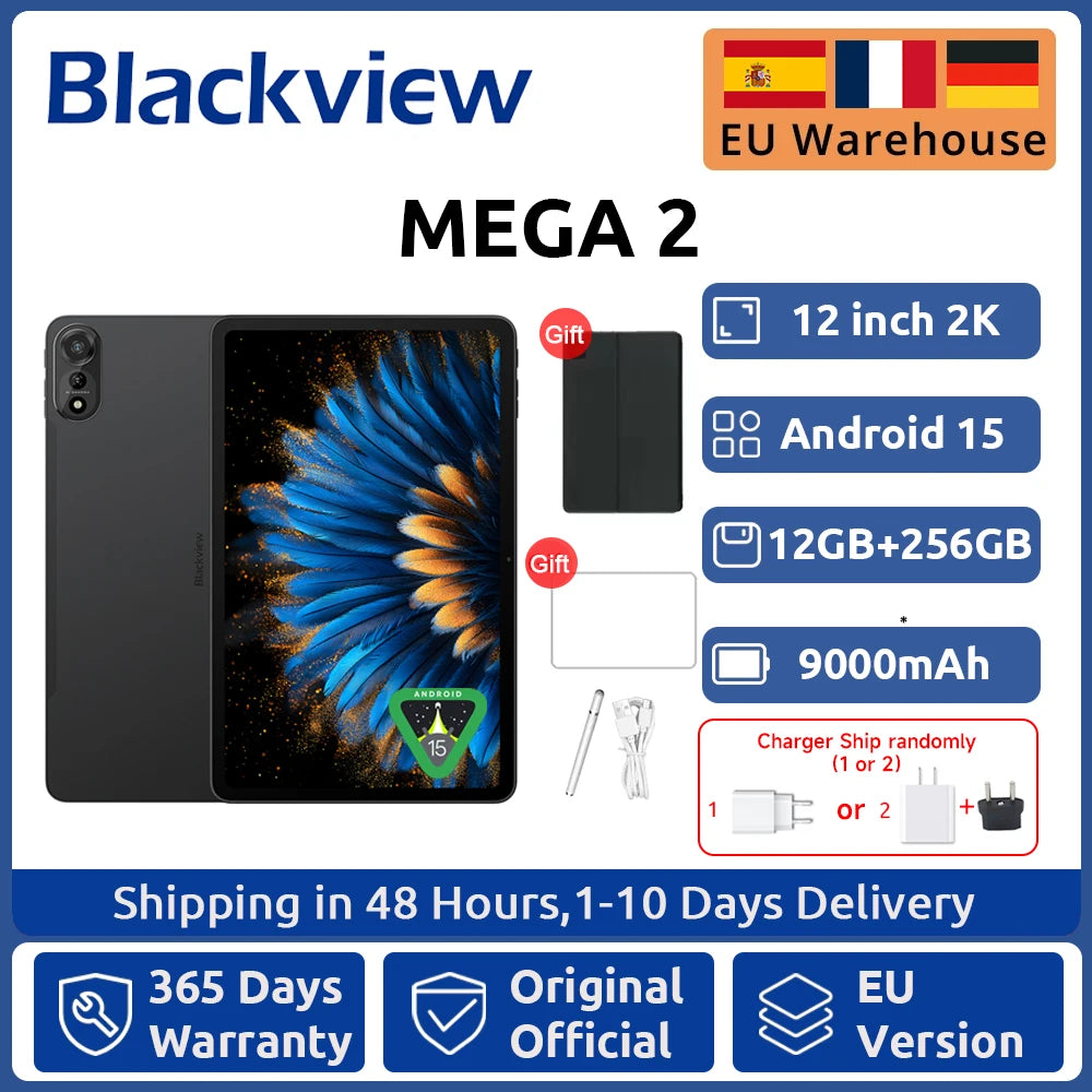 Blackview MEGA 2 Android 15 Tablet 12 inch 2K Display 36(12+24)GB 256GB Unisoc T615 9000mAh Battery Widevine L1 Pad PC