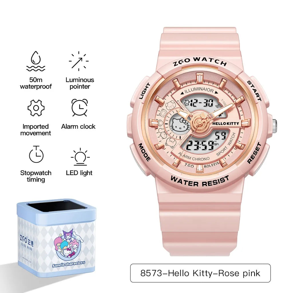 ZGO Sanrio Hello Kitty ladies' digital watch multi-functional dual-display waterproof sports watch for students gift 8573
