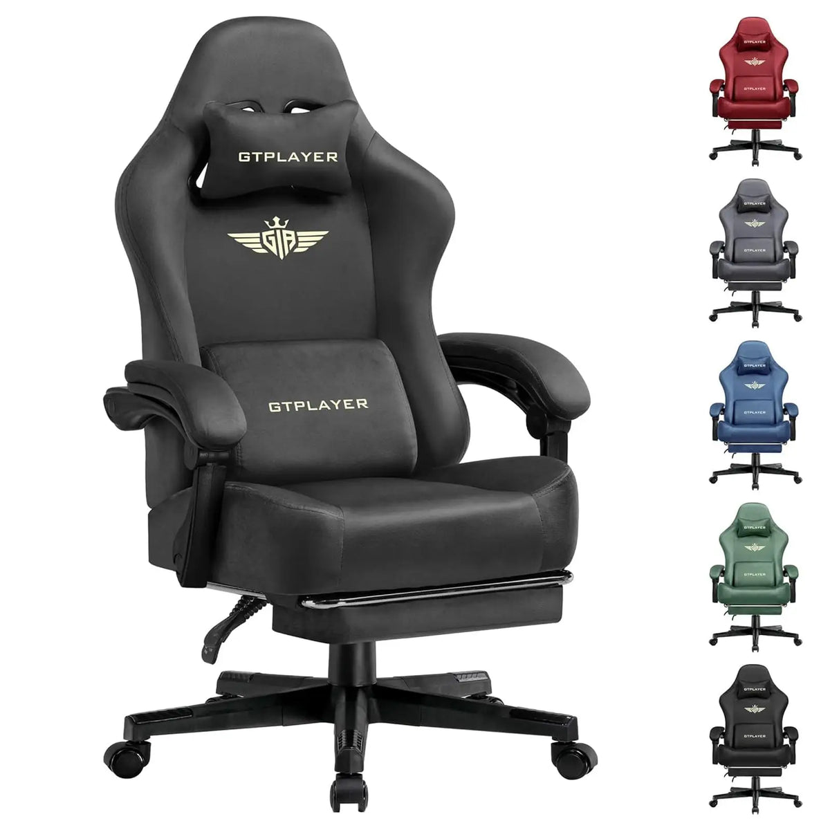 GTPLAYER Gaming Chair Fabric with Pocket Spring Cushion, Big and Tall Gamings Chairs 350LBS High Back Computer Chair with Footrest for Adults Lumbar Support Swivel Game Chair for Office Light Black