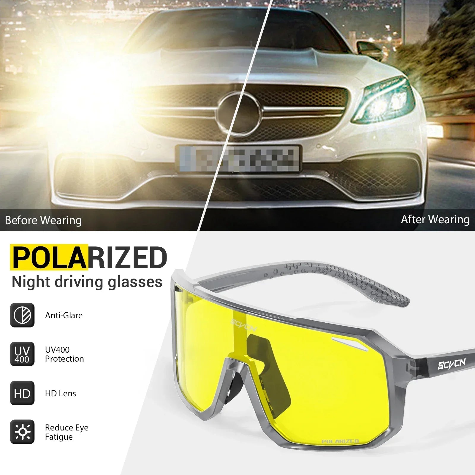 SCVCN Night Vision Glasses Fashion Sunglasses Y2K Trave Cycling Glasses Driving UV400 Mtb Fishing Sports Goggles Oversized Man