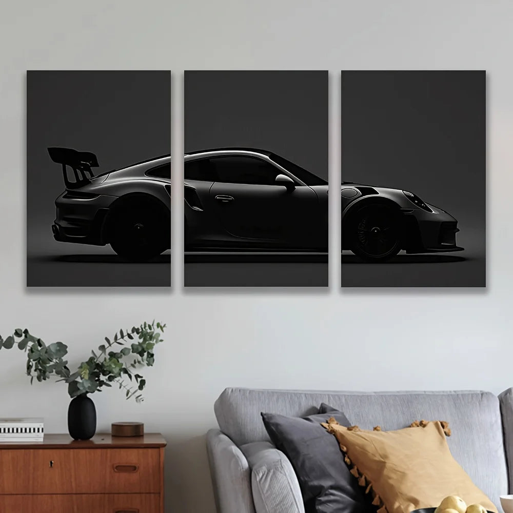 Frameless[3pcs Black Sports Car Art] 3pcs High-Quality Frameless Canvas Wall Art - Black Sports Car in Dark Monochromatic Tripty