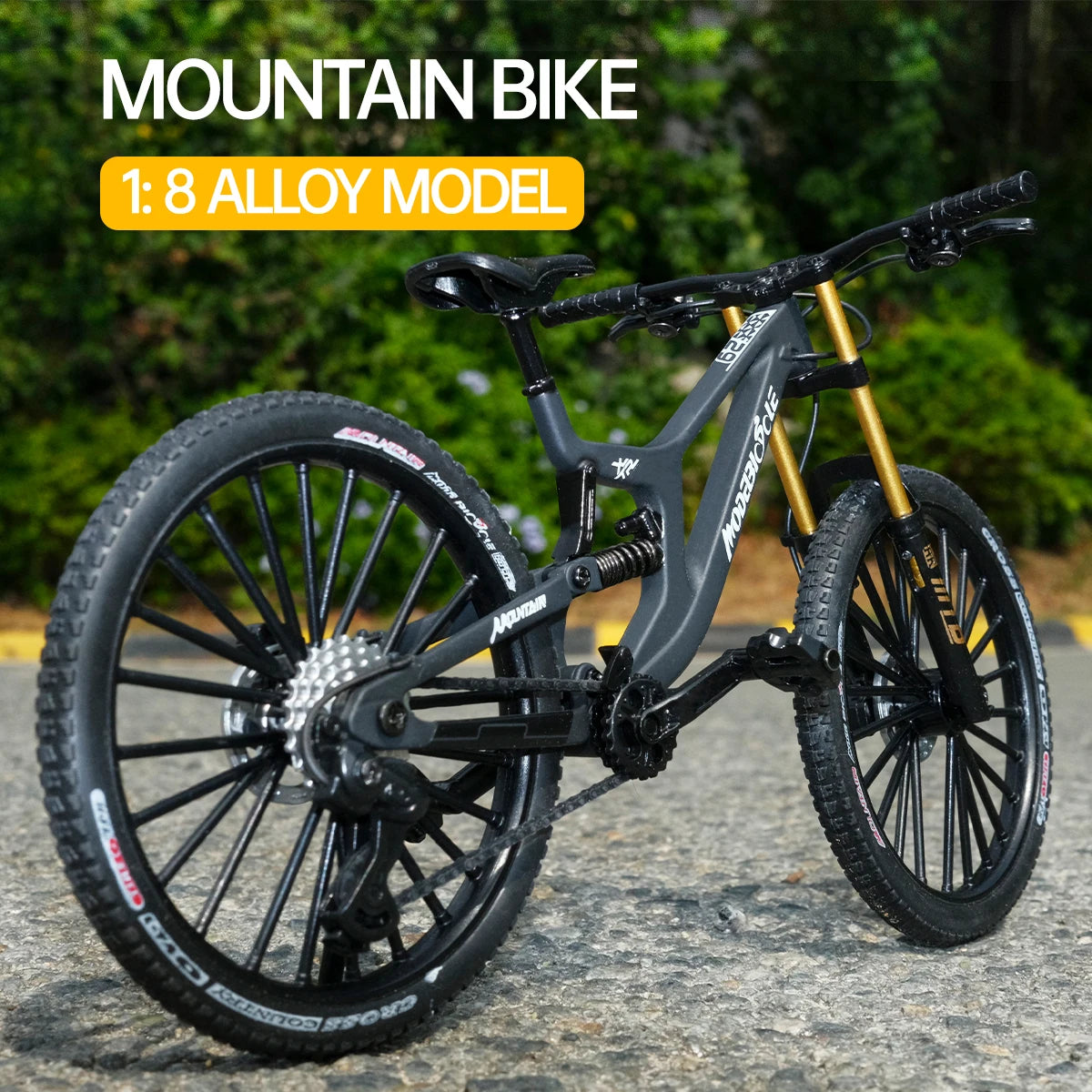 1:8 Alloy mountain bike model with base - features realistic gears and dual suspension, perfect for cycling enthusiasts