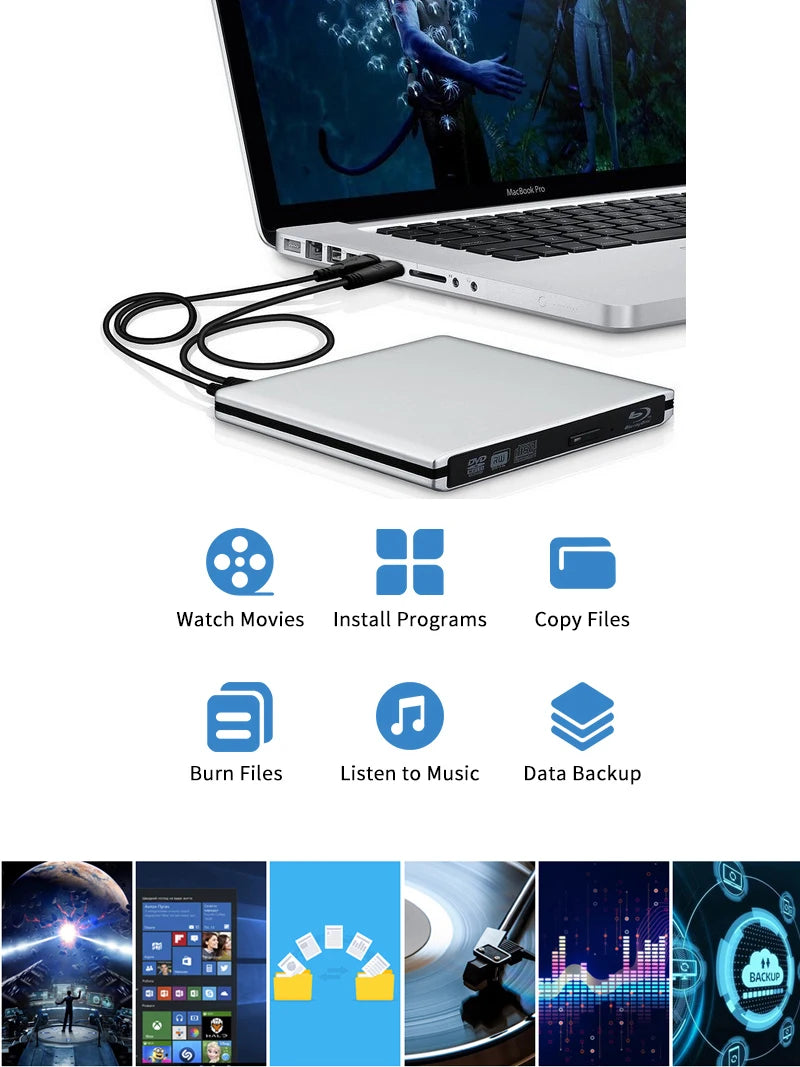External USB3.0 Blu-Ray Reader Bluray Burner and Writer 3D BD-ROM Optical DVD Recorder BD-RE Bluray Play for Laptop/Desktop