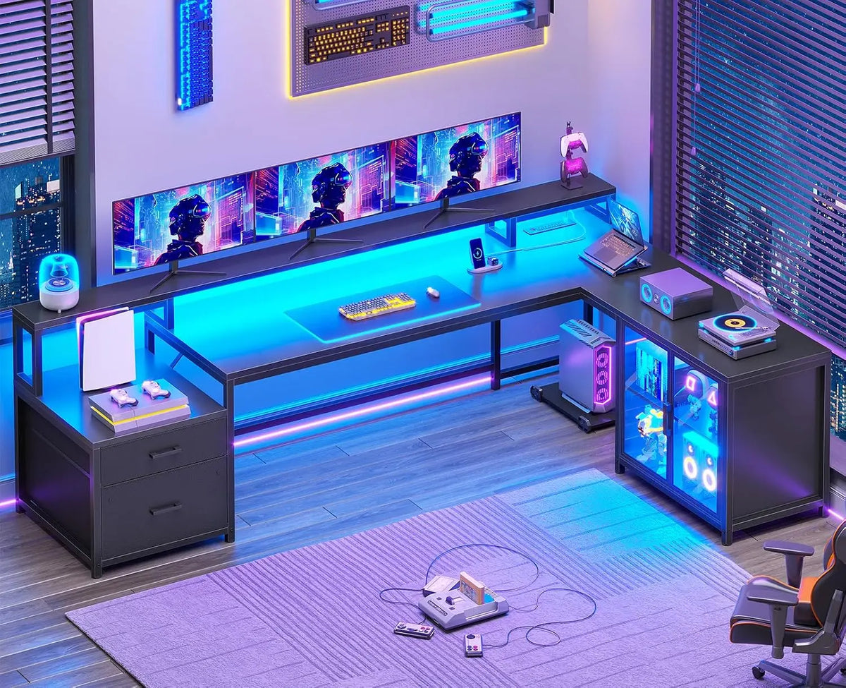 78.7" Large L Shaped Corner Gaming Computer Desk,Drawers,Power Outlet & LED Lights, Customized