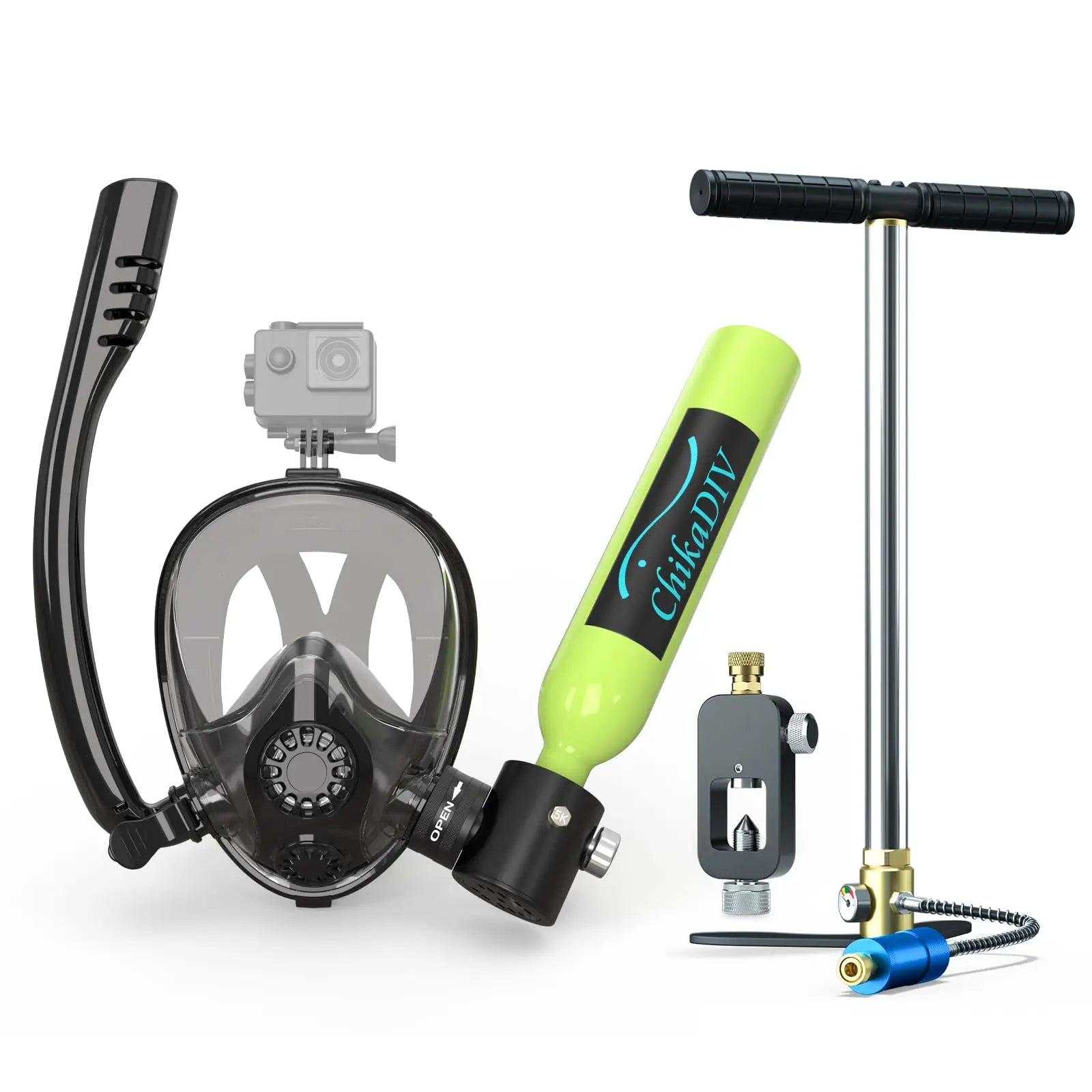 ChikaDIV 0.5L Mini Scuba Tank with Sub-Mask Diving Tank with Full-face Mask Underwater Breath System Lung Tank DOT Certified Pony Bottle for Snorkeling