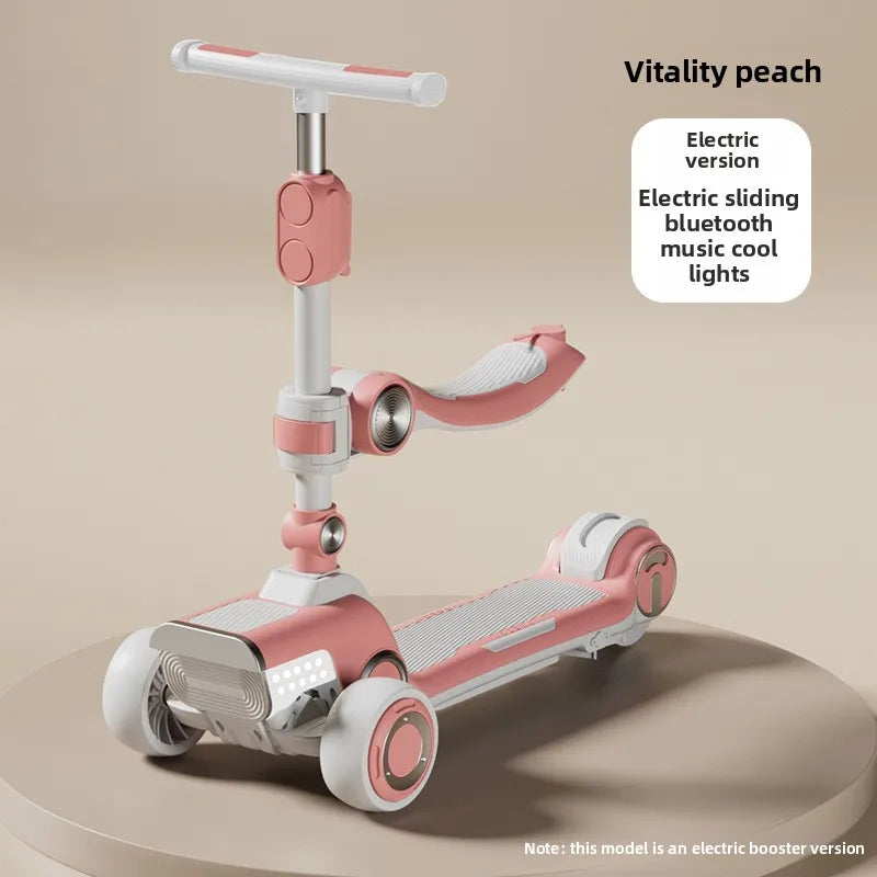 Rechargeable electric scooter for children, foldable and fun with widened design.