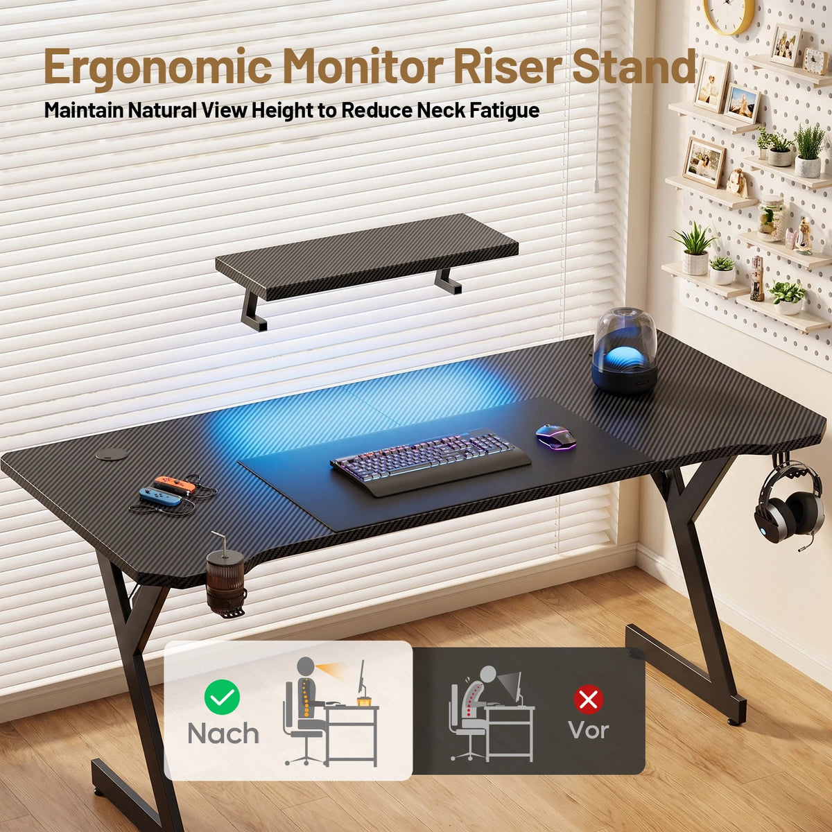 NEBMAAX Gaming Desk with LED Lights, Ergonomic Monitor Stand & Cup Holder, Large Computer Desk with Headphone Hook for Home Office, Black