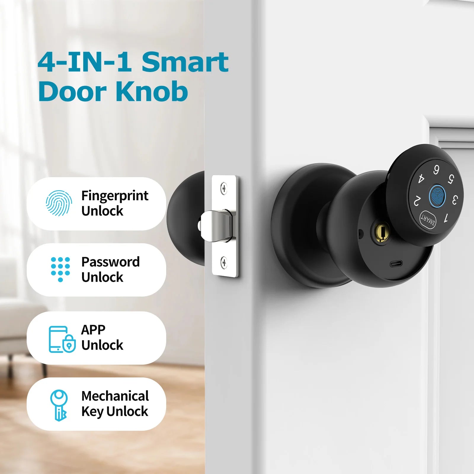 Viladepot Smart Lock Fingerprint, Passcode, App Control, Type-C Emergency Power, Indoor Door Lock