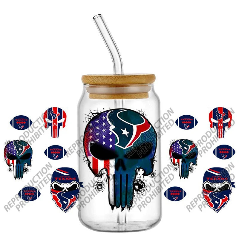 High Quality ‌3D Skull Sports Team Decal UV DTF Cup Wrap for 16oz Libbey Glasses Can DIY Mug Transfer Stickers