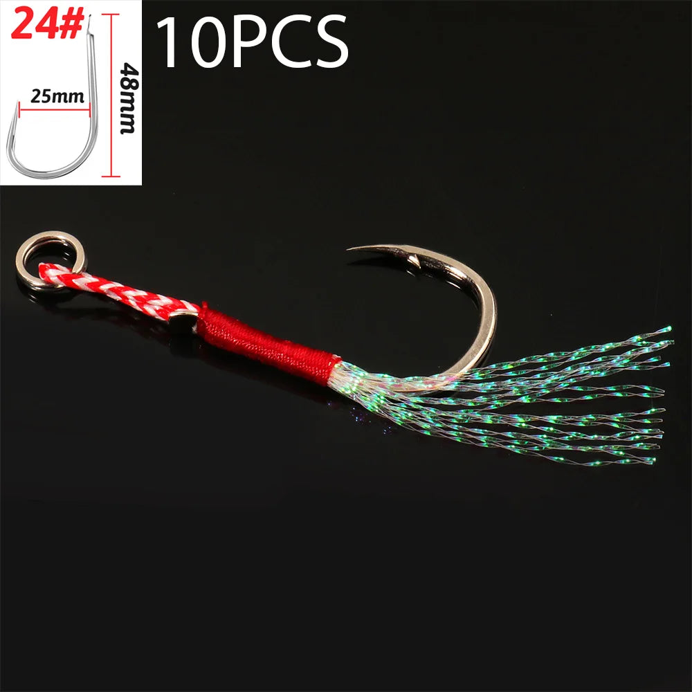 Cast Jig Assist Hook 10PCS/Lot High Carbon Steel Angle Barbed Thread Feather Lake Fishing Tackle Slow Jigging Sea Pesca Fishhook