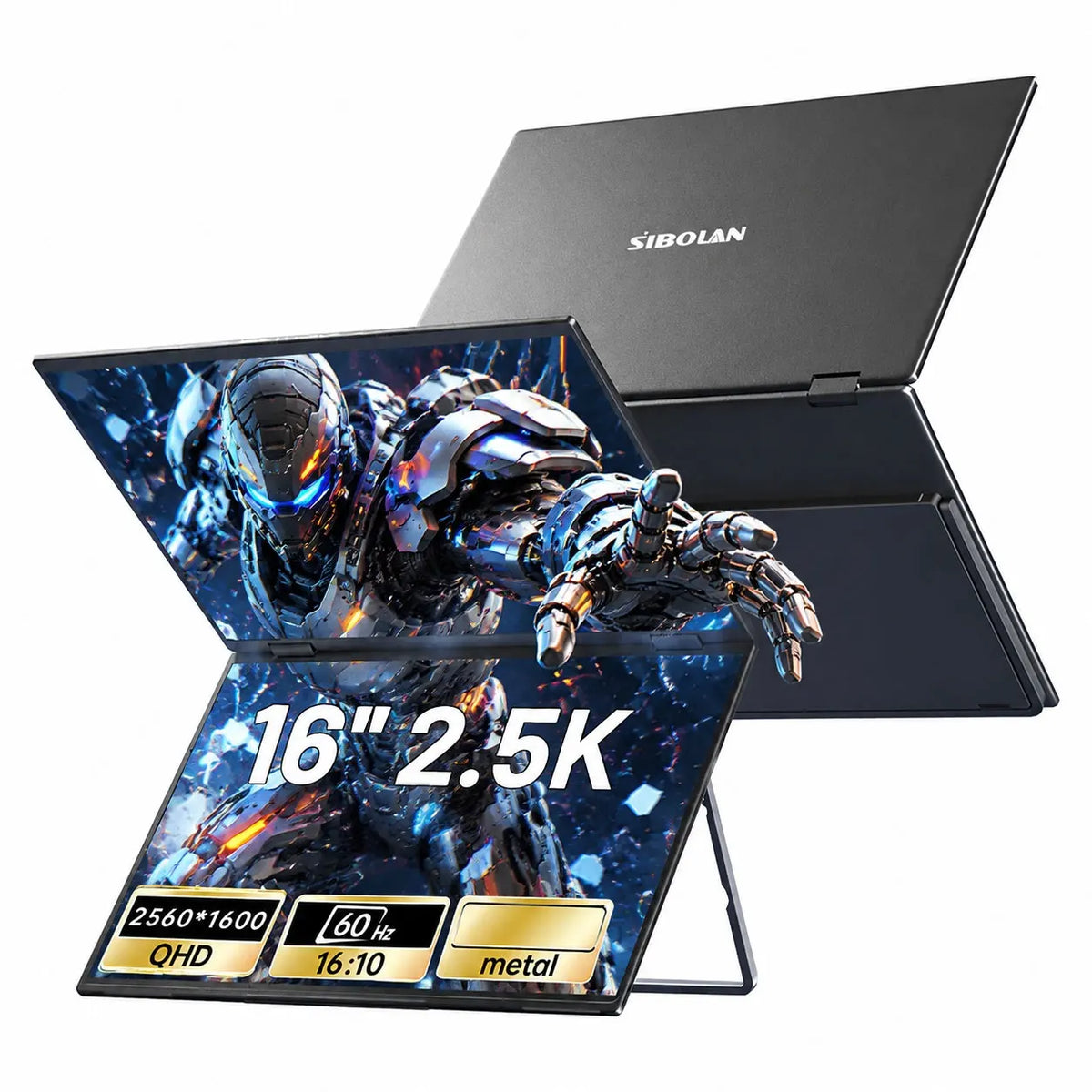Sibolan 16 inch Dual Screen Portable Monitor 2.5K 60Hz 100% SRGB Foldable Laptop Display Extender HDMI USB-C Plug For Win Mac