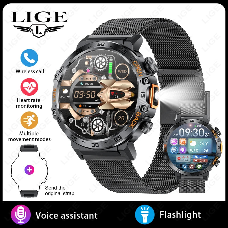 Stay active and connected with this men's smart watch featuring an HD screen, waterproof design, sports fitness tracking, and a handy flashlight—compatible with Android and iOS!